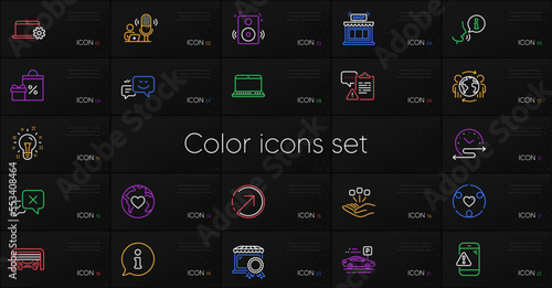 Set of Direction, Donation and Shopping line icons. Include Notebook service, Shop, Inclusion icons. Idea, Speakers, Notebook web elements. Consolidation, Clipboard, Happy emotion. Vector