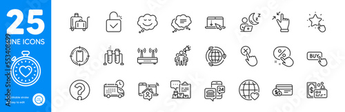 Outline icons set. Buy button, Question mark and Touchscreen gesture icons. Delivery, Speech bubble, Shift web elements. Ranking star, Eco energy, International love signs. Card. Vector