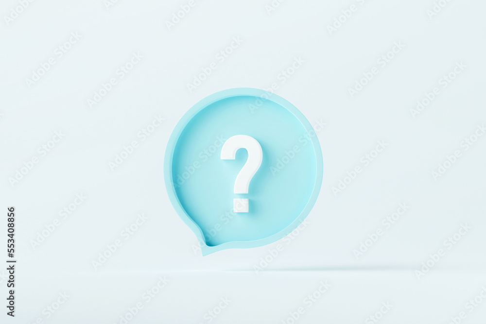 Blue question mark icon sign or ask faq answer solution and information support illustration business symbol isolated on white background with problem graphic idea or help concept. 3D rendering.