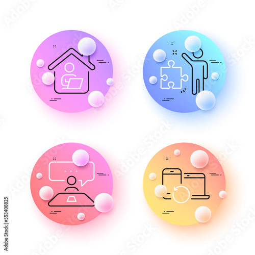 Recovery devices, Interview job and Work home minimal line icons. 3d spheres or balls buttons. Strategy icons. For web, application, printing. Backup data, Consulting, Freelance work. Vector