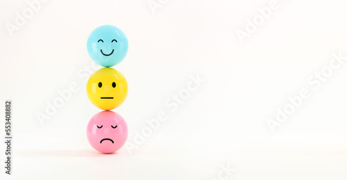 Set of emoji emoticons with sad and happy mood, evaluation, Increase rating, Customer experience, Satisfaction and best excellent services rating concept, Customer service evaluation. 3d render.