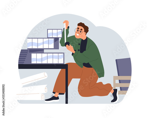 Architect works with 3d model of house, building miniature. Architecture, design and construction concept. Working under real estate project. Flat vector illustration isolated on white background