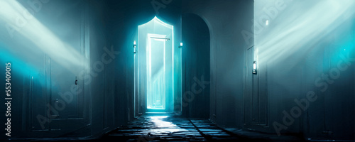 Dark room, large luminous doors., a bright light