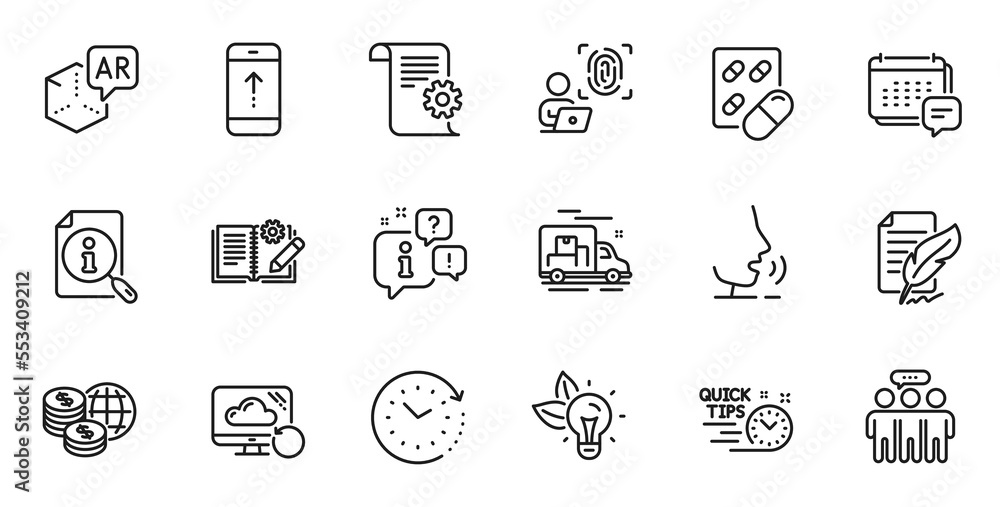 Outline set of Message, Feather signature and Engineering documentation line icons for web application. Talk, information, delivery truck outline icon. Vector