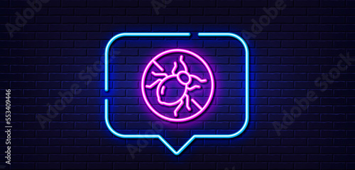Neon light speech bubble. Mattress bed bugs line icon. Hypoallergenic sign. Anti-allergic symbol. Neon light background. Bed bugs glow line. Brick wall banner. Vector