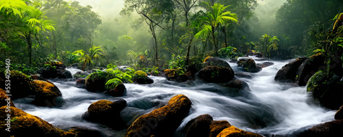 Mysterious mountainous jungle with river and rocks 