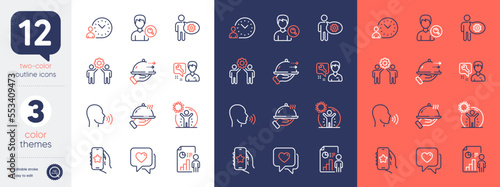 Set of Repairman, Food delivery and Employees teamwork line icons. Include Coronavirus protection, Time management, Human sing icons. Restaurant food, Heart, Business report web elements. Vector