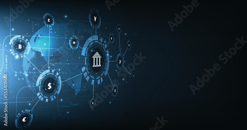 International currency transfer concept.central bank layout surrounded currency signs: dollar, euro, ruble and yen on dark blue background.Digital connect system.Financial technology concept.