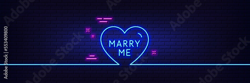 Neon light glow effect. Marry me line icon. Sweet heart sign. Wedding love symbol. 3d line neon glow icon. Brick wall banner. Marry me outline. Vector