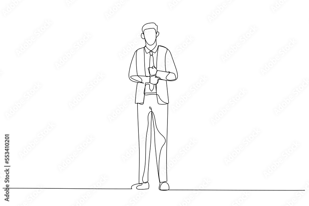 Illustration of businessman in suit standing ready to win competition. Single continuous line art