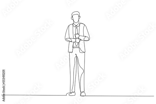 Illustration of businessman in suit standing ready to win competition. Single continuous line art