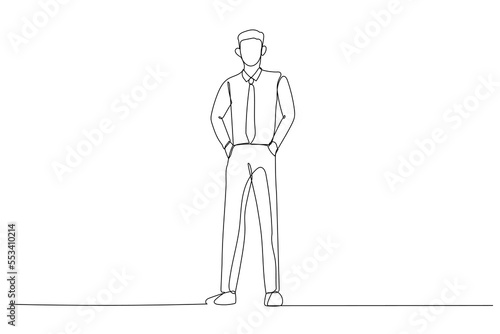 Cartoon of Full length businessman standing and posing with hands in pockets. One continuous line art style