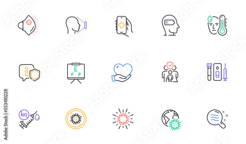 Weariness, Vision board and Coronavirus pandemic line icons for website, printing. Collection of Coronavirus, Face id, Medical mask icons. Fever, Volunteer, Health app web elements. Vector