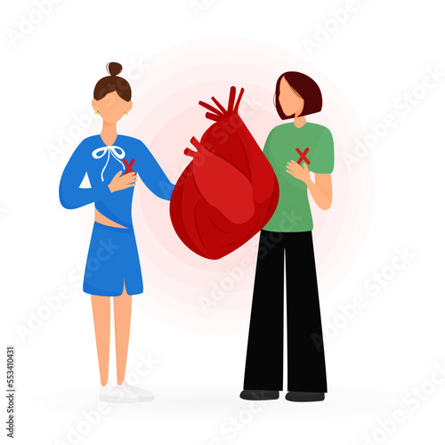 Heart transplant. People with heart problems, pain and human organ replacement surgery help. The concept of medicine and healthy life. Vector illustration in flat style