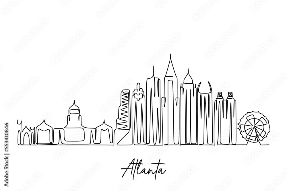 Atlanta single continuous line drawing. Atlanta skyline vector World landscape tourism travel vacation poster print wall decor art. Stylish single line draw design vector illustration