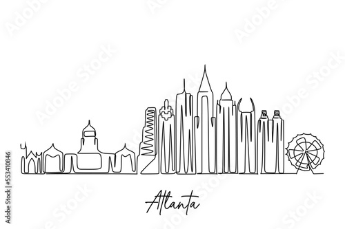 Atlanta single continuous line drawing. Atlanta skyline vector World landscape tourism travel vacation poster print wall decor art. Stylish single line draw design vector illustration