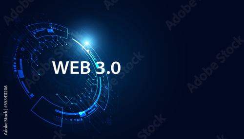 Abstract, Web 3.0 and blockchain circle, Technology or Concept to Develop Web Links, Decentralized, Bottom-up Design, Consensus on Blue Background. Modern digital, futuristic
