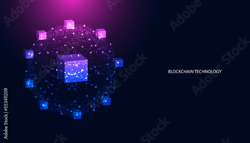 Digital square abstract and digital circuit, circle, hi-tech, blockchain, technology, cryptocurrency, decentralized on blue background, modern, futuristic.