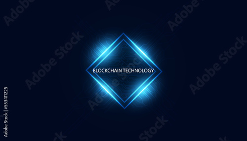 Digital square abstract and digital circuit, circle, hi-tech, blockchain, technology, cryptocurrency, decentralized on blue background, modern, futuristic.