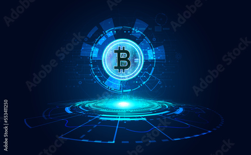 Abstract background digital concept, modern digital circle, bitcoin, cryptocurrency, decentralized, blockchain on black and blue background, futuristic