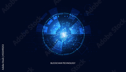 Digital abstract and digital circuit, circle, hi-tech, blockchain, technology, cryptocurrency, decentralized on blue background, modern, futuristic.