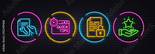 Lock, Repair document and Quick tips minimal line icons. Neon laser 3d lights. Loyalty program icons. For web, application, printing. Document with padlock, Spanner tool, Helpful tricks. Vector