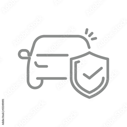 Motor insurance line vector icon. Car and shield with checkmark outlined symbol.