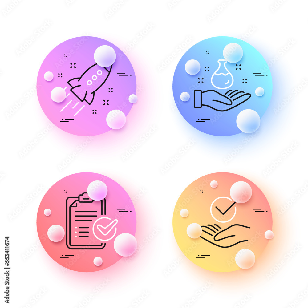 Startup rocket, Survey checklist and Approved minimal line icons. 3d spheres or balls buttons. Chemistry lab icons. For web, application, printing. Business innovation, Report, Verified symbol. Vector Startup rocket, Survey checklist and Approved minimal line icons. 3d spheres or balls buttons. Chemistry lab icons. For web, application, printing. Business innovation, Report, Verified symbol. Vector