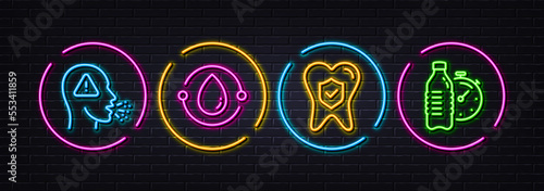 Cough, Dental insurance and Cold-pressed oil minimal line icons. Neon laser 3d lights. Fitness water icons. For web, application, printing. Flu symptom, Oral medicine, Organic tested. Vector