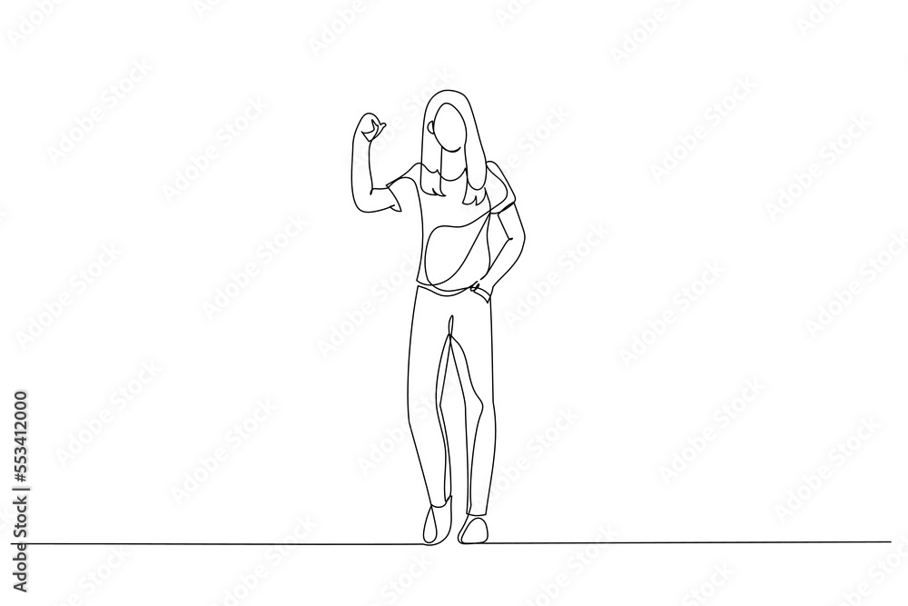 Drawing of Young Businesswoman Raising Keys and Standing. Continuous line art