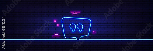 Neon light glow effect. Quote bubble line icon. Chat comment sign. Speech bubble symbol. 3d line neon glow icon. Brick wall banner. Quote bubble outline. Vector