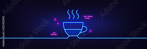 Neon light glow effect. Doppio coffee icon. Hot drink sign. Beverage symbol. 3d line neon glow icon. Brick wall banner. Doppio outline. Vector