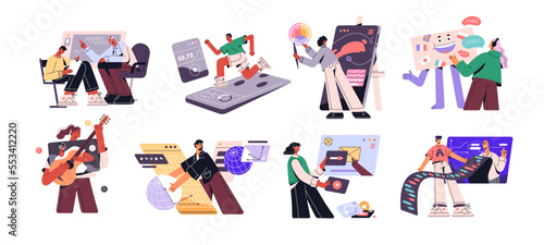 Online education, e-learning concept. Students studying at virtual courses, remote schools via internet. Digital tutorials, video webinars. Flat vector illustrations isolated on white background