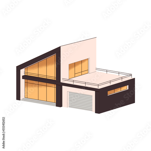 Modern house architecture, exterior. Residential building facade. Glass and concrete villa, contemporary home outdoors with windows, garage. Flat vector illustration isolated on white background