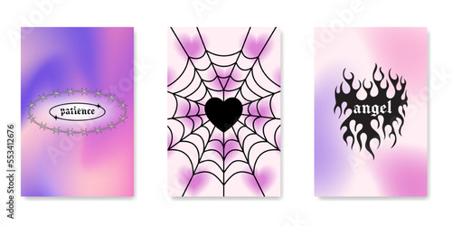 y2k gothic flame tattoo stickers. Retro psychedelic love art. Vector illustration of hand drawn elements, barbed wire, fire, butterfly, heart. Aesthetic nostalgic 2000s goth girly backgrounds.