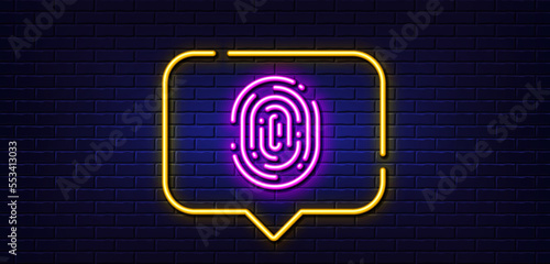 Neon light speech bubble. Fingerprint line icon. Finger print scan sign. Biometric identity symbol. Neon light background. Fingerprint glow line. Brick wall banner. Vector