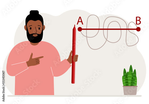 A man with a red pencil in his hand. A line is drawn from point A to point B, a straight and difficult path, the shortest distance to the goal, an easy or short path to success in business and life.