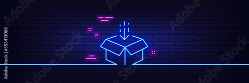 Neon light glow effect. Get box line icon. Open delivery parcel sign. Cargo package symbol. 3d line neon glow icon. Brick wall banner. Get box outline. Vector