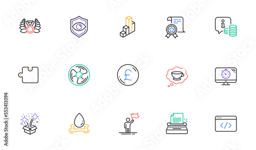 Typewriter, Fireworks and Eye detect line icons for website, printing. Collection of Certificate, Leadership, 3d chart icons. Puzzle, Air fan, Laureate medal web elements. Coffee cup. Vector