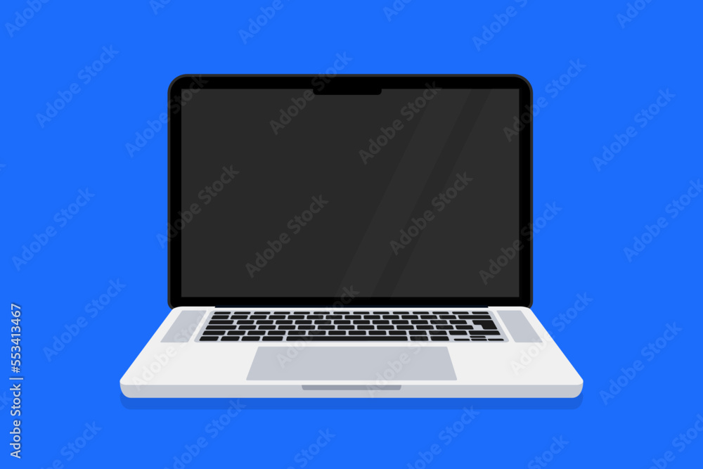 Fototapeta premium Laptop flat vector illustration. Laptop computer isolated on background. Modern opened computer screen. Blank copy space on modern notebook. Modern digital technology