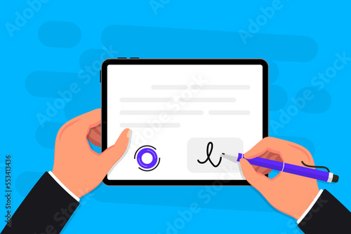 Businessman signing contract with digital pen on tablet. Electronic signature concept. Digital signature, electronic contract, e-signature. Signing document with digital signature. Business technology