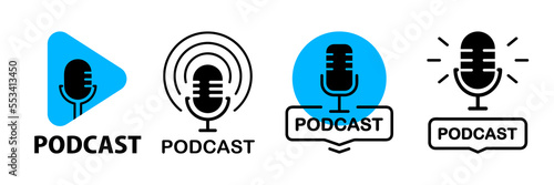 Podcast. Microphone icon. Set of radio podcast icons. Webinar, online training, radio show or audio blog podcast concept. Webcast audio record concept. Vector flat illustration, icons, logo design