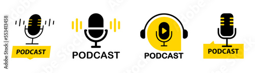 Podcast. Microphone icon. Set of radio podcast icons. Webinar, online training, radio show or audio blog podcast concept. Webcast audio record concept. Vector flat illustration, icons, logo design