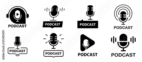 Podcast. Microphone icon. Set of radio podcast icons. Webinar, online training, radio show or audio blog podcast concept. Webcast audio record concept. Vector flat illustration, icons, logo design