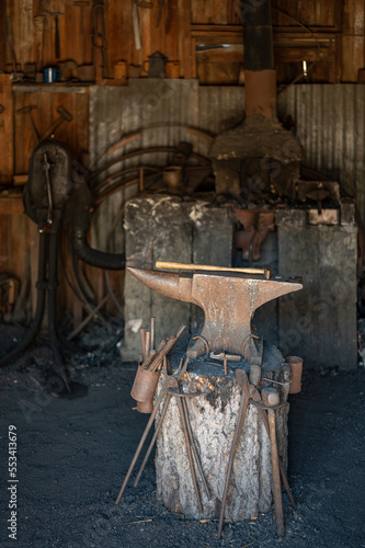 Detail of the anvil and the tools of the blacksmith of the village of the far west.