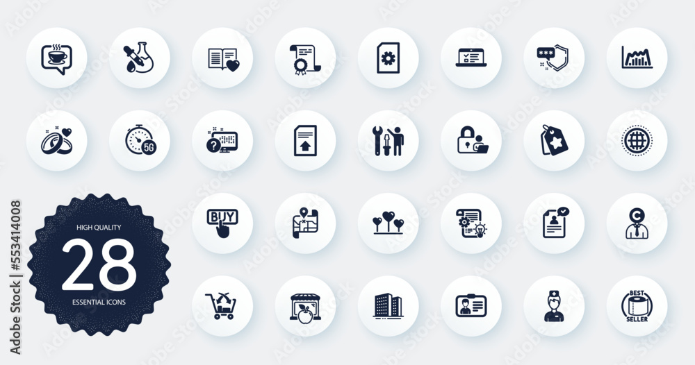 Set of Business icons, such as Shield, Globe and Market flat icons. Buildings, Lock, Toilet paper web elements. Buying, Copyrighter, Chemistry experiment signs. Coffee, Doctor, Love book. Vector Set of Business icons, such as Shield, Globe and Market flat icons. Buildings, Lock, Toilet paper web elements. Buying, Copyrighter, Chemistry experiment signs. Coffee, Doctor, Love book. Vector
