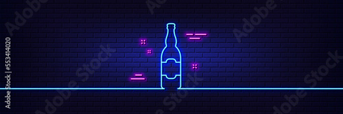 Neon light glow effect. Beer bottle line icon. Pub Craft beer sign. Brewery beverage symbol. 3d line neon glow icon. Brick wall banner. Beer bottle outline. Vector