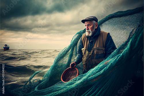 Generated image of fisherman on boat with fishing nets. photo