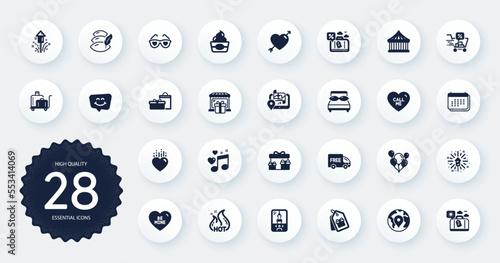 Set of Holidays icons, such as Love, Travel loan and Pillow flat icons. Calendar, Balloons, Crane claw machine web elements. Carousels, Love music, Free delivery signs. Discounts cart. Vector