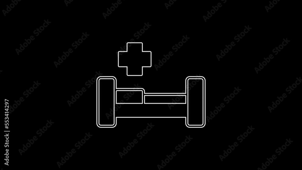 White line Hospital bed icon isolated on black background. 4K Video motion graphic animation White line Hospital bed icon isolated on black background. 4K Video motion graphic animation